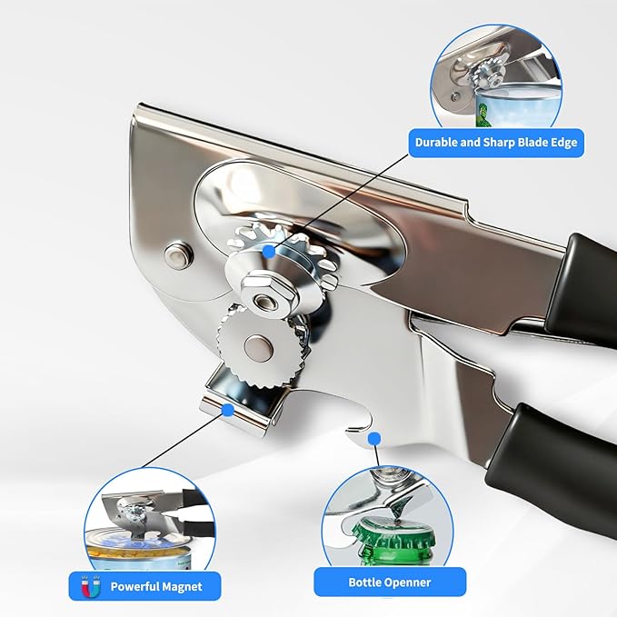 Manual Can Opener，Commercial Can openner，Can Opener Heavy Duty with Ergonomic Soft Grip Handles and Magnetic Lid Lifter for Large Cans, Seniors ，Stainless Steel, Black