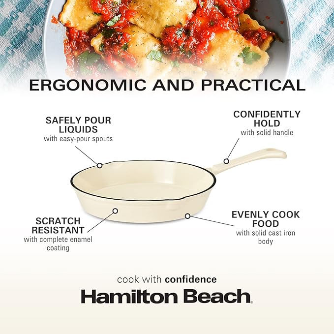 Hamilton Beach Enameled Cast Iron Fry Pan 10-Inch Cream, Cream Enamel Coating, Skillet Pan for Stove Top and Oven