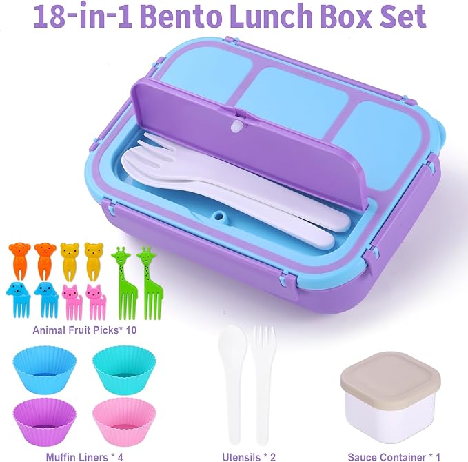 Bento Box for Kids Girls Boys, Bento Box Adult Lunch Box with 4 Compartments, Lunch Containers with Utensils, Sauce Jar, Muffin Liners for School, 40 Oz/5 Cup, Purple