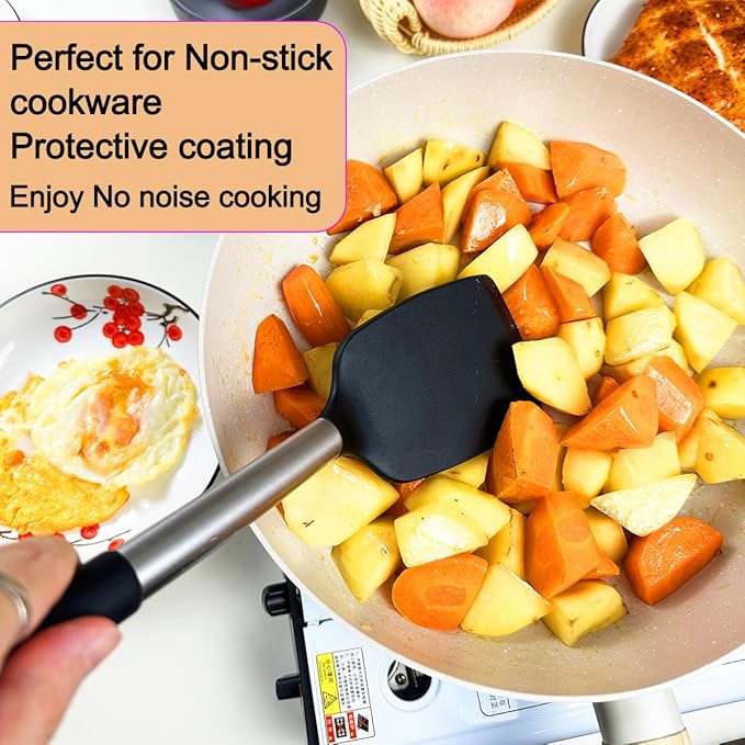 5Pcs Silicone Spatula Heat Resistant Long Large Spatulas Set for Nonstick Cookware, Rubber Pancake Fish Turner Spatula for Kitchen Use Silicone Cooking Kitchen Utensils Set Black