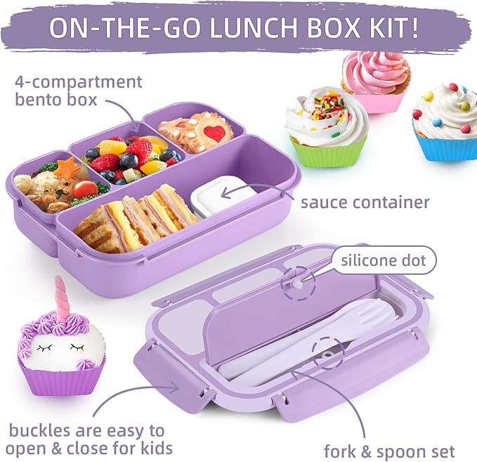 QQKO Bento Box Adult Lunch Box, Lunch Containers for Adults Men Women, Kids Lunch Boxes for School with 4 Compartments, Sauce Container, Utensils and Muffin Cups, Purple