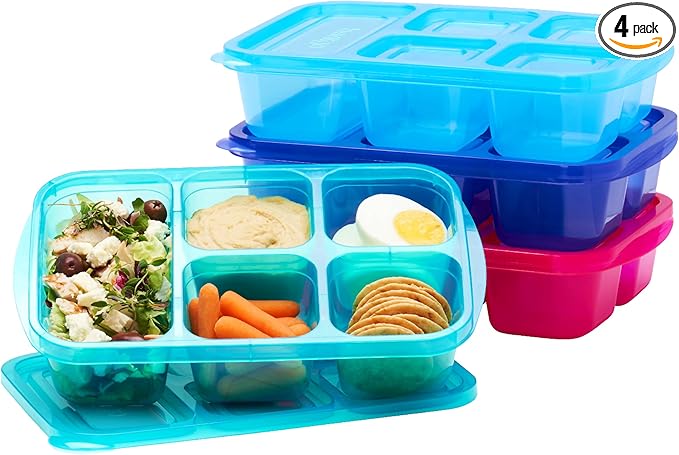 Bentgo Easyboxes - Reusable 5-Compartment Food Containers, Stackable 8-Piece Set, 4 Trays & 4 Lids, BPA-Free Food Storage for Meal Prep, School, & Work; Lunch Boxes w/Patented Design (Jewel Brights)