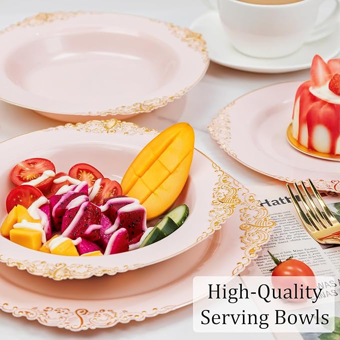 Nervure 50PCS Pink Plastic Bowls with Gold Rim - 12oz Disposable Soup Bowls, Heavy Duty Salad Ice Cream Bowl Perfect For Weddings, Parties and Everyday Use