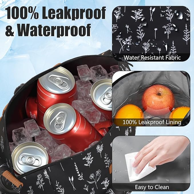 Joymee Lunch Bag Women Insulated Lunch Box Reusable Leakproof Large Spacious Cooler Tote for Women Men Adult with Bottle Holder and Side Pockets for Work Office Travel Picnic -08 White Little Flower