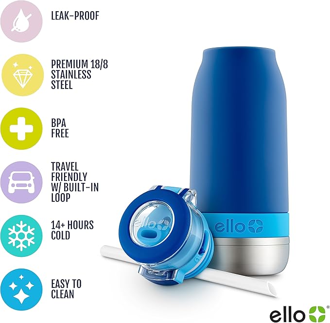 Ello Emma 14oz Vacuum Insulated Stainless Steel Kids Water Bottle with Straw and Built-in Carrying Handle and Leak-Proof Locking Lid for School Backpack, Lunchbox and Outdoor Sports