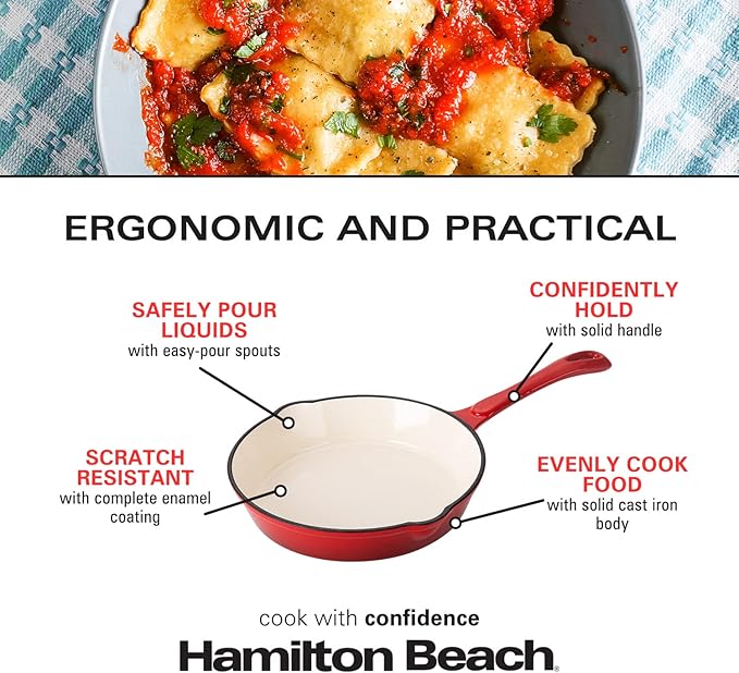 Hamilton Beach Enameled Cast Iron Fry Pan 8-Inch Red, Cream Enamel coating, Skillet Pan For Stove top and Oven, Even Heat Distribution, Safe Up to 400 Degrees, Durable