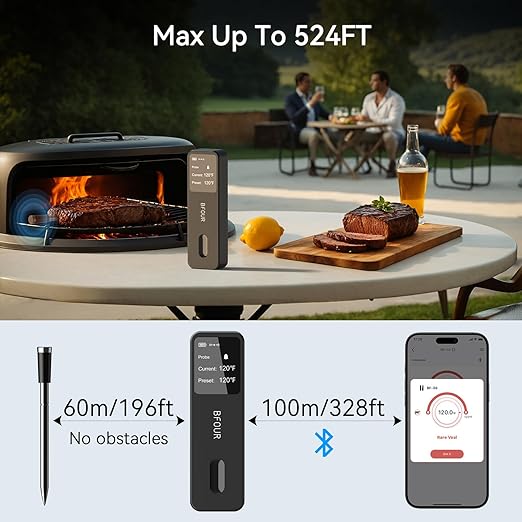 BFOUR Meat Thermometer Digital Wireless with LCD Booster, Bluetooth Food Cooking Thermometer with Smart App, 524FT Remote Range, 100% Waterproof & 752°F Heat Resistant Probe for BBQ Oven Grill Smoker