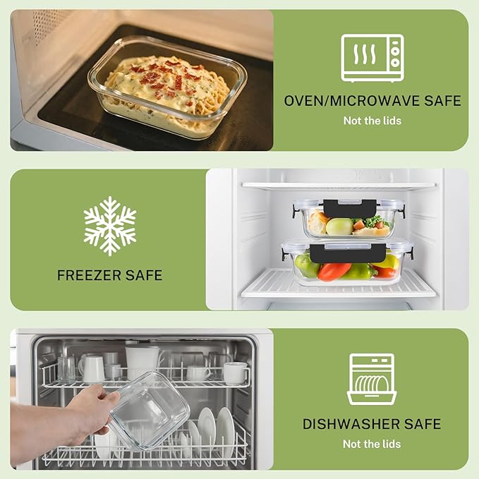 8 Pack Borosilicate Glass Food Storage Containers with Lids, Glass Meal Prep Containers, Airtight Bento Lunch Boxes with Leak Proof Locking, Oven, Freezer and Dishwasher Safe, BPA Free, 5-35oz