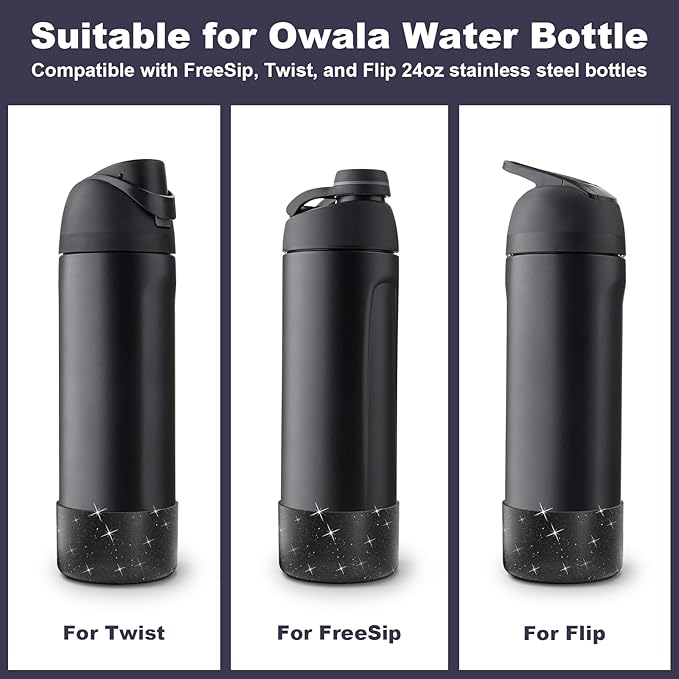 2PCS Silicone Water Bottle Boot for Owala 24oz, Protective Bottom Bumper Anti-Slip Sleeve for FreeSip, Twist, and Flip Stainless Steel Bottles, Dishwasher Safe and BPA Free(Shiny Black)