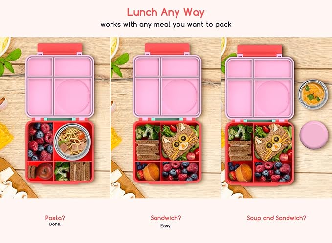Bento Box for Kids - Leak-Proof Bento Lunch Box with Insulated Thermos Food Jar - 4 Compartments, 1 Removable Divider, 1Spoon, 1 Fork - Dishwasher Safe, BPA-Free (Pink)