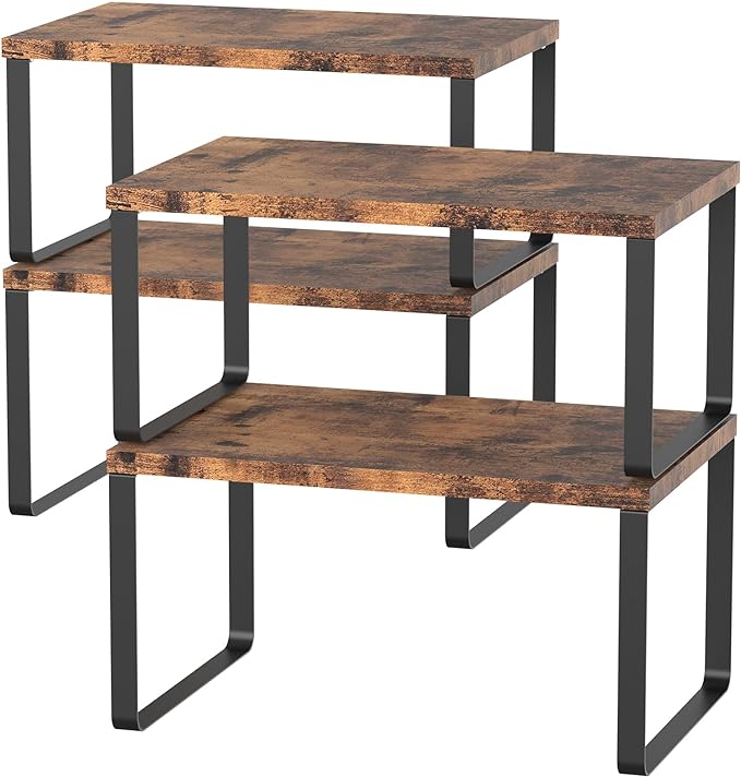 Set of 4 Counter Shelves Kitchen Stackable Cabinet Shelf Wood Organizer Expandable Counter Top Racks Brown Bathroom Counter organizer