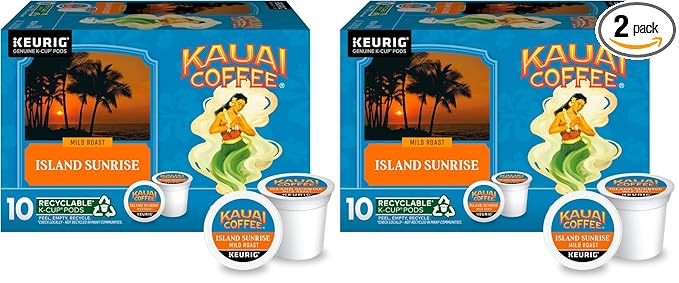 Kauai Coffee K-Cup Pods for Keurig Brewers – Arabica Coffee, 10% Hawaiian – Mild Roast, Light with Bright Aroma – Island Sunrise, 2 Pack of 10 Single Serve K-Cups