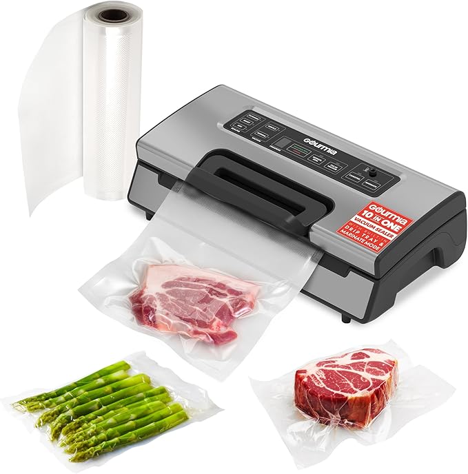 Gourmia Vacuum Sealer – Food Preservation System with Marinate Mode, Pulse Control, LED Display, Built-In Cutter, Gentle & Normal Vacuum Options, Stainless Steel