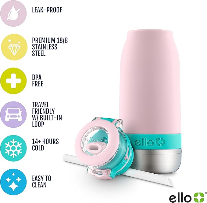 Ello Emma 14oz Vacuum Insulated Stainless Steel Kids Water Bottle with Straw and Built-in Carrying Handle and Leak-Proof Locking Lid for School Backpack, Lunchbox and Outdoor Sports