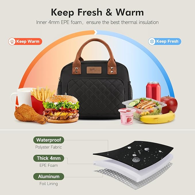 HOMESPON Lunch Bag for Woman Man Adults with Front Pocket Insulated Lunch Tote Lunch Box Container for Work Picnic or Travel(Black Side Pockets)