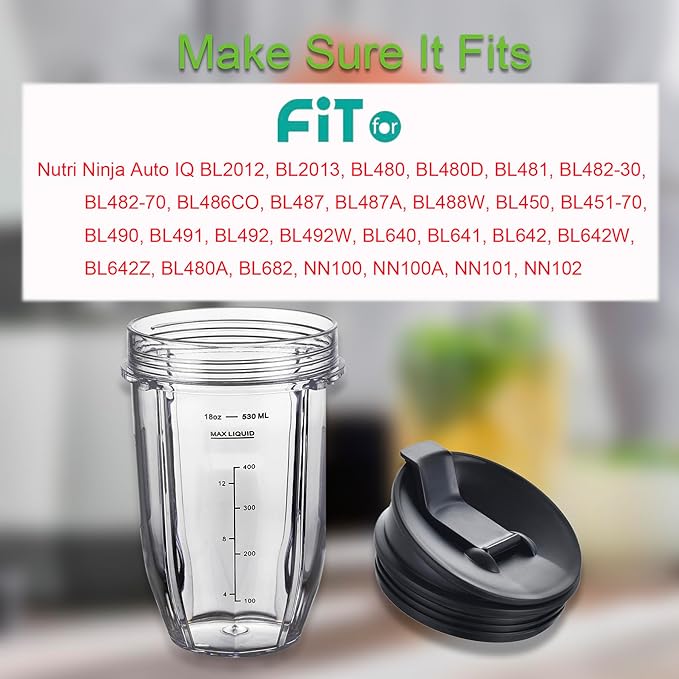 Blender Cups Fit for Ninja, Replacement Parts 18OZ Cups with Sip & Seal Lids, Blender Accessories Compatible with Nutri Ninja Auto IQ Series BL480 BL481 BL482 BL490 BL640 BL680 BL450 BL482(2 Pack)
