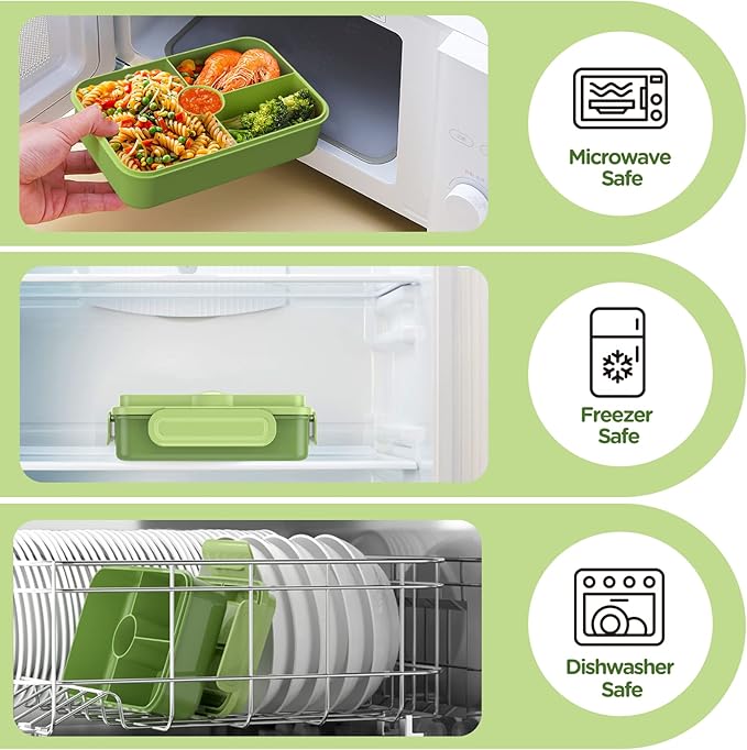 Jelife Bento Box Kids Lunch Box - Large Bento-Style Leakproof with 4 Compartments Food Storage Container with Tableware for Kids Back to School, Reusable On-the-Go Meal and Snack Packing, Green