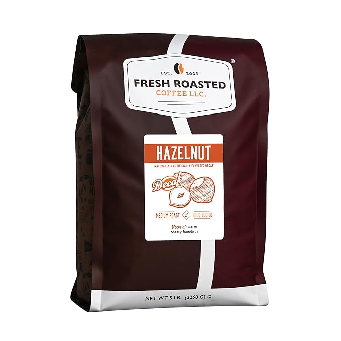 Fresh Roasted Coffee, Decaf Hazelnut Flavored Coffee, 5 lb (80 oz), Medium Roast, Kosher, Whole Bean