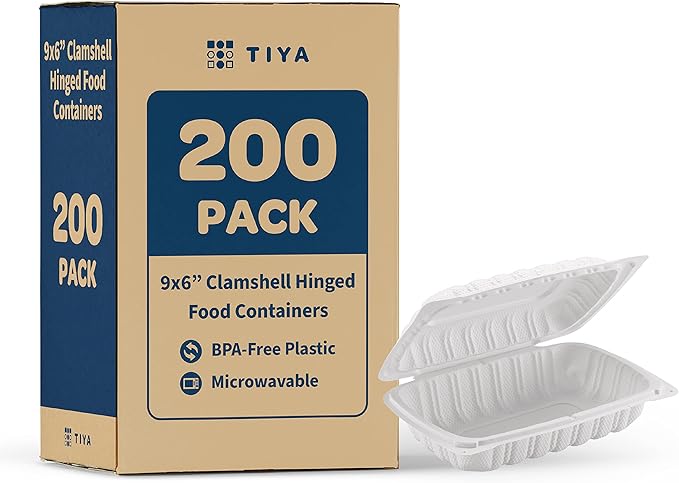 TIYA Clamshell Food Containers - White Bulk 200 Pack, 9x6 in - BPA-Free Plastic To-Go Containers - Microwavable, Hinged, Tall Clamshells Reusable Packing- Great for Meal Prep