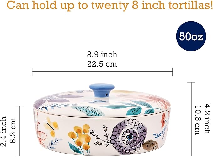 Bico Blossom Symphony Ceramic Tortilla Warmer, 8.9 Inch Tortilla Holder with Lid for Taco Bread Pancake for Mexican Night and Party, Microwave and Dishwasher Safe
