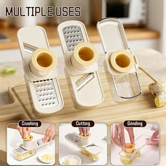 Mini Garlic Slicer Multi-Functional Mandoline Slicer Veggie Garlic Ginger Grinder Vegetable Mandoline Cutter Veggie Shredder with Container (Green)