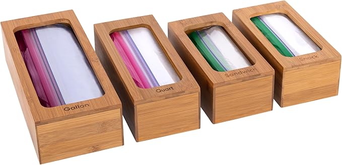 Seville Classics Bamboo Premium Organizer Storage Bins for Kitchen Silverware, Pantry, Closet, Office Desk, Pens, Utensils, Makeup, K Cup, Bamboo, Bag Holder Bin Set (4 Piece)