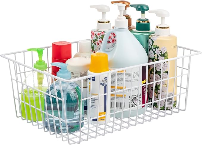iPEGTOP Wire Storage Freezer Baskets, Set of 4 Large 15.4" Farmhouse Organizer Storage Bins Fridge Basket Rack with Handles for Kitchen Cabinets, Pantry, Office, Bathroom Organization - White