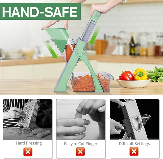 New Upgrade Safe Mandoline Slicer Plus, Biger Size, Adjustable Vegetable Food Chopper Potato Fries Cutter, Detachable Blade, Kitchen Chopping Artifact with Container. Green