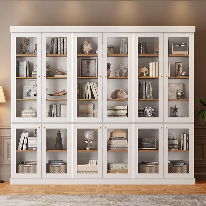 70.8" Tall Farmhouse Kitchen Pantry Cabinet with Glass Doors, Modular Storage Cabinet with 6-Tier Adjustable Shelves, White, Wooden Hutch for Kitchen, Living Room, Set of 3