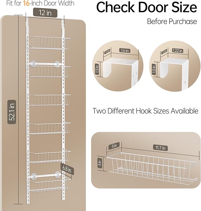 Delamu Pantry Door Organizer, Adjustable Metal Over the Door Pantry Organizer Rack, 6-Tier Over the Door Spice Rack, Kitchen Pantry Door Organizers and Storage, D5 W12 H52.1 inch, White, Small