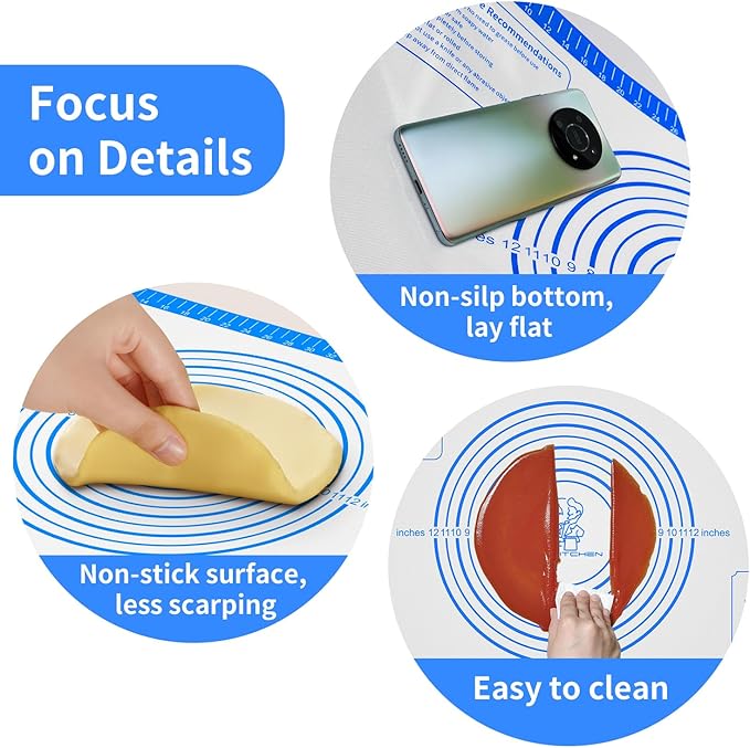 Silicone Pastry Mat for Dough Rolling,Silicone Baking Mat with Measurement for Baking Pie Crust, Pizza & Cookies, Non stick & Non Slip Silicone Mat