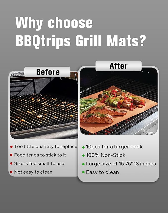 Grill Mats for Outdoor Grill, Cooper 10 pcs grill mats, Grill Sheets for Outdoor Grill Reusable, grilling accessories, non stick grill mat for Gas Charcoal and Electric Grill -15.75 x 13 Inch
