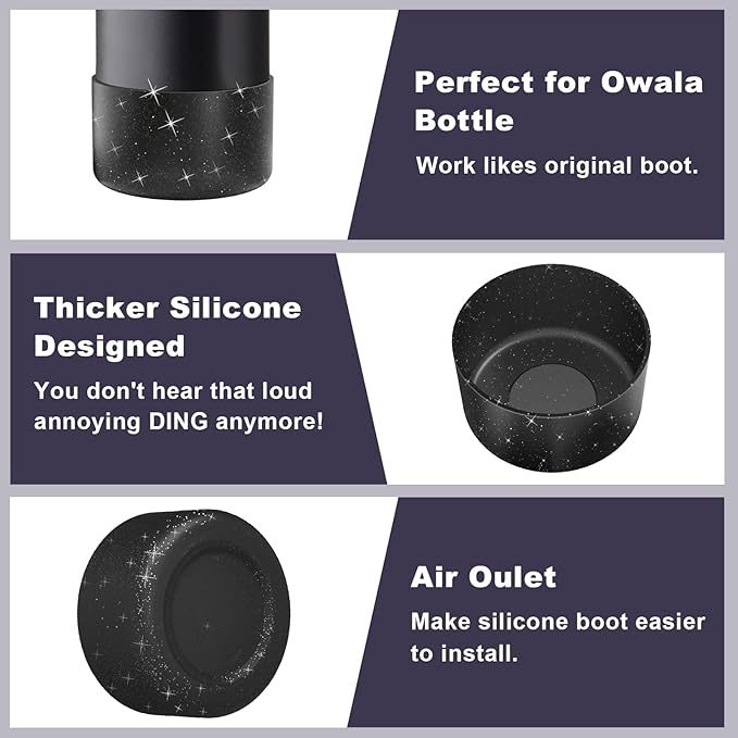 2PCS Silicone Water Bottle Boot for Owala 24oz, Protective Bottom Bumper Anti-Slip Sleeve for FreeSip, Twist, and Flip Stainless Steel Bottles, Dishwasher Safe and BPA Free(Shiny Black)