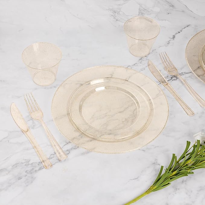 Goodluck 175 Piece Gold Glitter Plastic Dinnerware Set for 25 Guests, Fancy Disposable Plates for Party, Include: 25 Dinner Plates, 25 Dessert Plates, 25 Pre Rolled Napkins with Silverware, 25 Cups