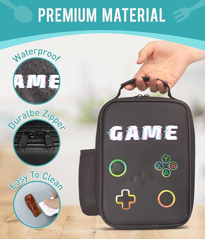 Boy Lunch Box,Kids Lunch Bag Insulated Leather Game Lunch Box for School Thermal Meal Cooler Lunch Boxes for Boy Girl Kid Toddler Teen