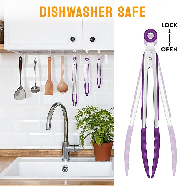 HOTEC Premium Stainless Steel Locking Kitchen Tongs with Silicon Tips, Set of 3-7", 9" and 12" (Purple)