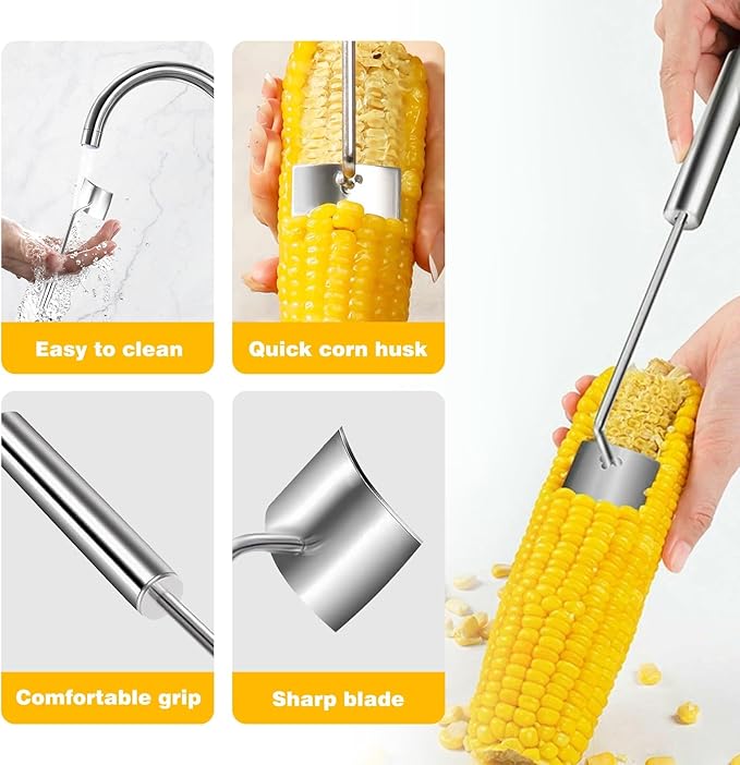 Corn Peeler for Corn on The Cob Stripper Tool, 2025 New Long Handle Stainless Steel Corn Stripper Tool, Quick Corn Kernel Remover Tools for Kitchen Use (2PC)