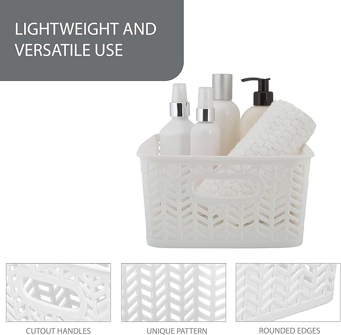 Simplify Small Herringbone Bin Storage Tote Basket Organizer Decorative, Good for Closets, Countertops, Desks, Dressers, Accessories, Cleaning Products, Sports Equipment, Toys, White