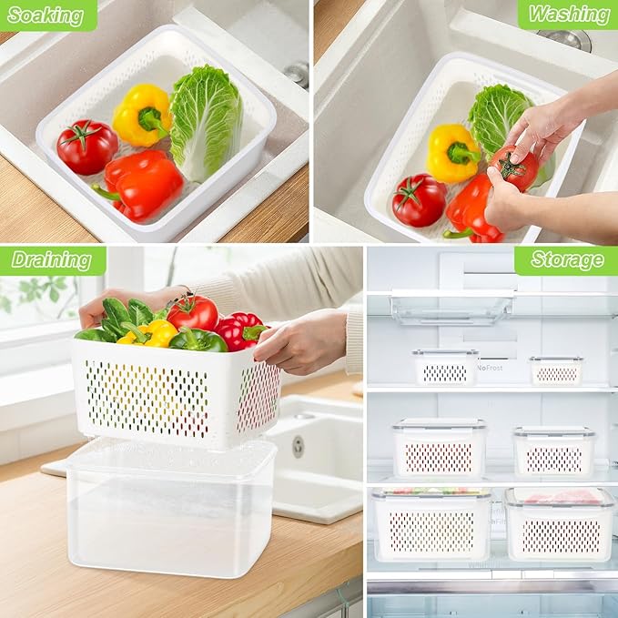 4 Pack Fruit Storage Container for Fridge, Plastic Fruit Containers for Fridge with Removable Colander, Container for Fruit Berry Salad Lettuce, BPA Free Kitchen Refrigerator Organizers