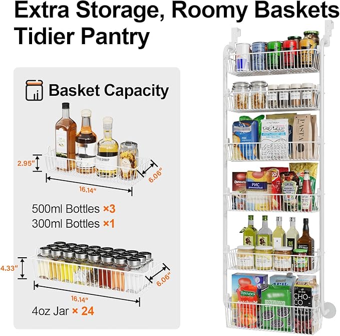 Delamu Large Over the Door Pantry Organizer, 6-Tier Metal Pantry Door Organization and Storage for Easy Install, Hanging Spice Rack Seasoning Shelves for Cabinet & Kitchen, D6.7xW17.5xH53.7 in, White