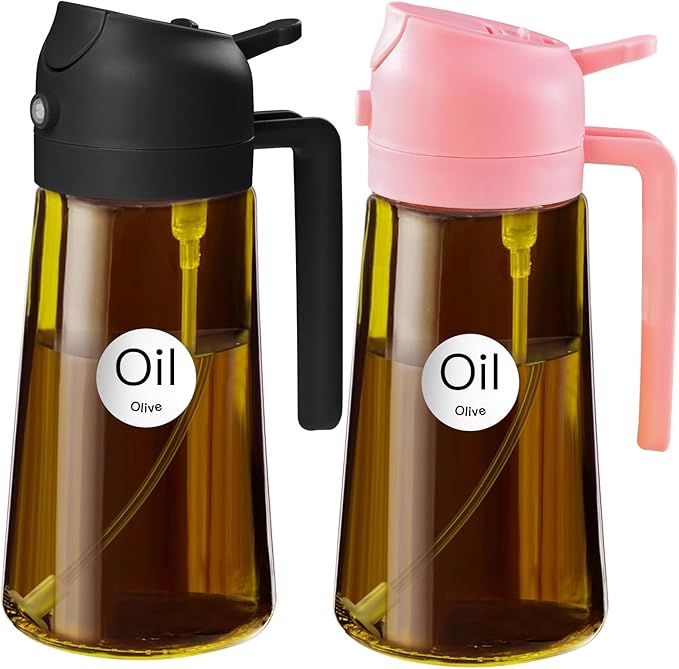 YARRAMATE 2Pcs 16oz/470ml Dark Brown Oil Sprayer for Cooking with Stickers, Food-grade Premium 2 in 1 Olive Oil Dispenser Bottle for Kitchen Gadgets, Air Fryer, Salad, Frying, BBQ (Pink&Black)