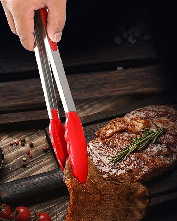 Red Stainless Steel Tongs Heat Resistant Kitchen Tongs Set - 7" & 9" Inch, BBQ Tongs with Silicone Tip, Strong Grip for Cooking, Salad Tossing, Air Fryer, and Grill Tongs- Pull Lock, Red- Set of 2