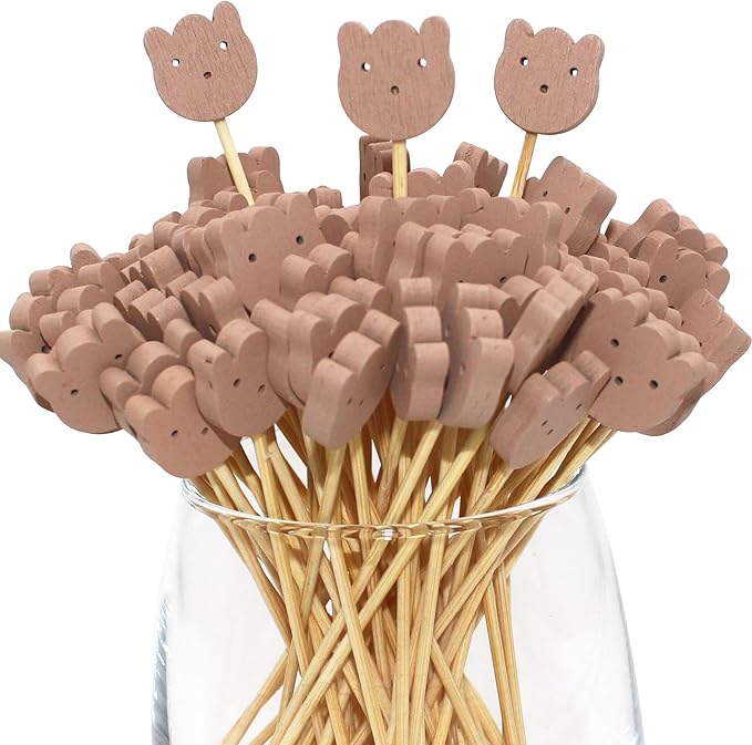 BLUE TOP 200PCS 4.7 Inch Brown Bears Bamboo Cocktail Picks Bamboo Toothpicks Fruit Picks for Home Party Appetizers Cocktail Decorations Charcuterie Board