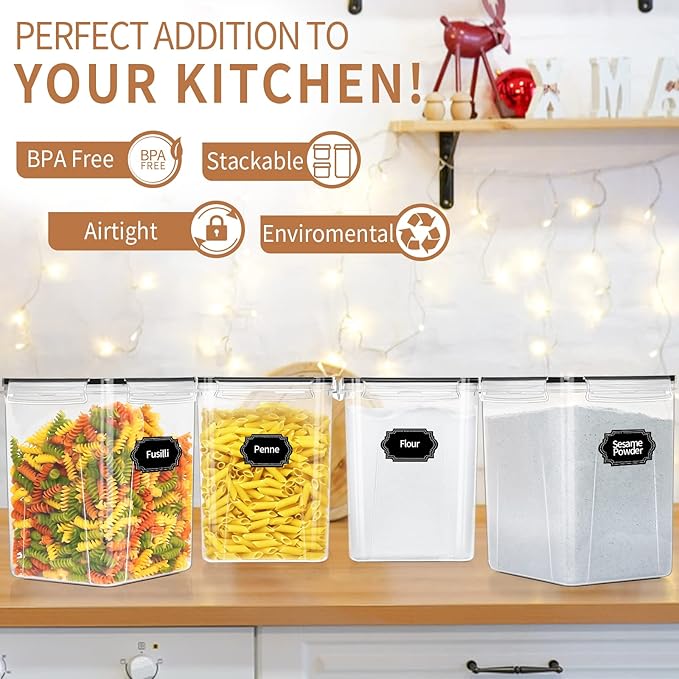 PRAKI Large Airtight Food Storage Containers 5.2L / 195oz, BPA Free, 4pcs Pantry Kitchen Organizers and Storage for Flour, Sugar, Baking Supplies, Plastic Flour Container with 20 Labels & Maker