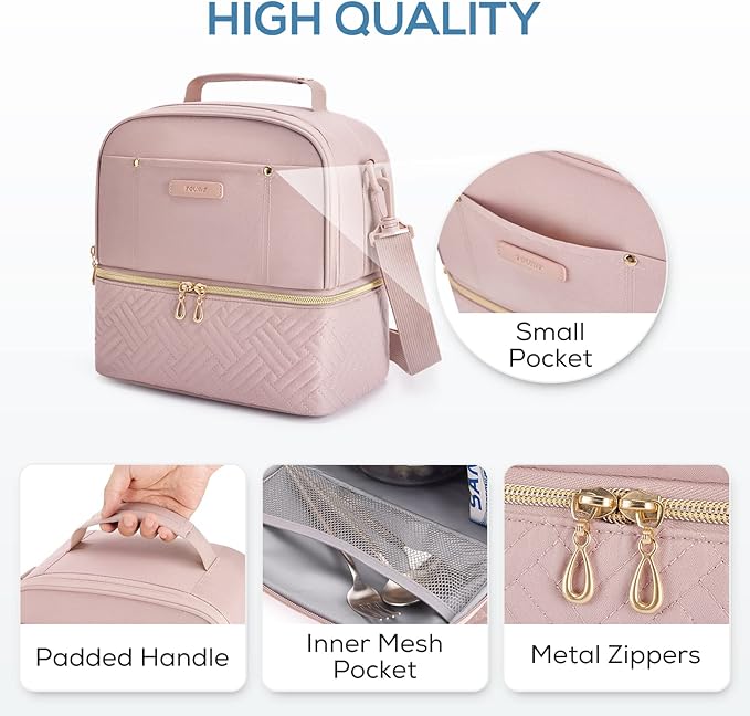 TOURIT Lunch Bag Women Double Deck Lunch Box Insulated Lunch Cooler for Women Men Work, Pink