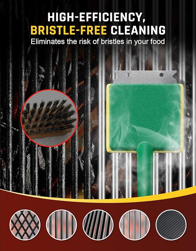 Steam Grill Brush Bristle Free for Outdoor Grill, BBQ Grill Cleaning Brush with Scraper & Cleaning Pad, 15.7" Extra Long Safe Grill Cleaner, Barbecue Brush for Cast Iron/Stainless-Steel Grates