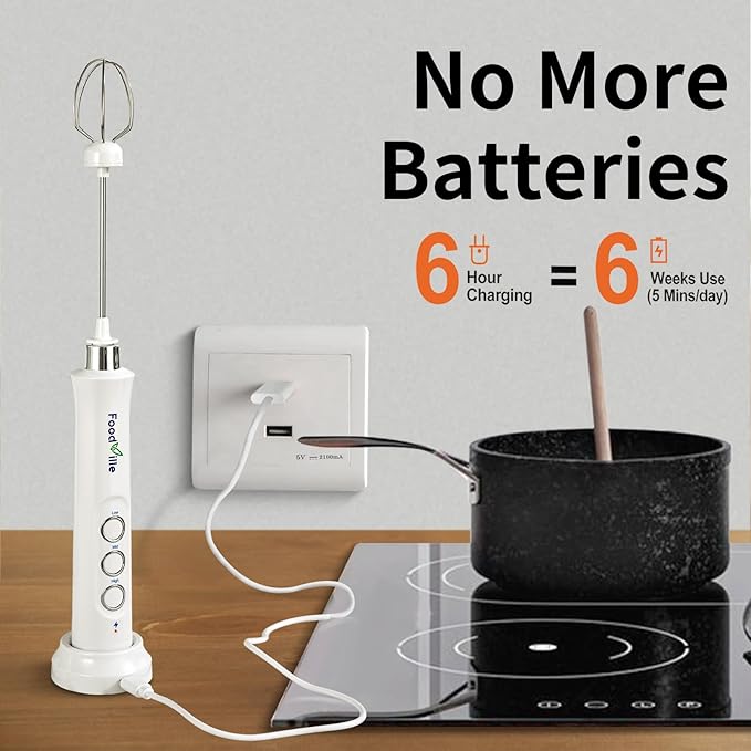 MF09 3 in 1 Rechargeable Milk Frother Handheld Foam Maker with Charging Stand & 3 Stainless Steel Whisks (White without Case)