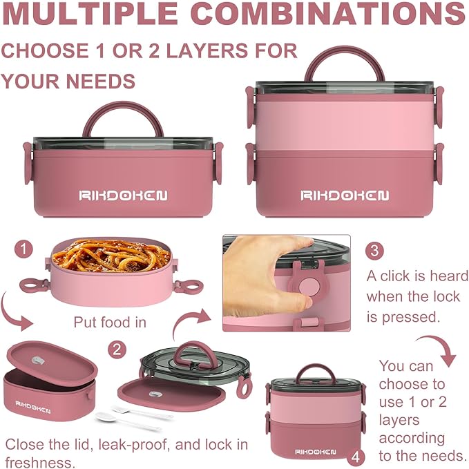 Lunch Box, Stackable 2 Layers Containers, Portable 64OZ Large Capacity Leakproof Bento Box with Spoon & Fork & Sauce Boxes, Microwave Safe Lunch Box for Kids and Adults