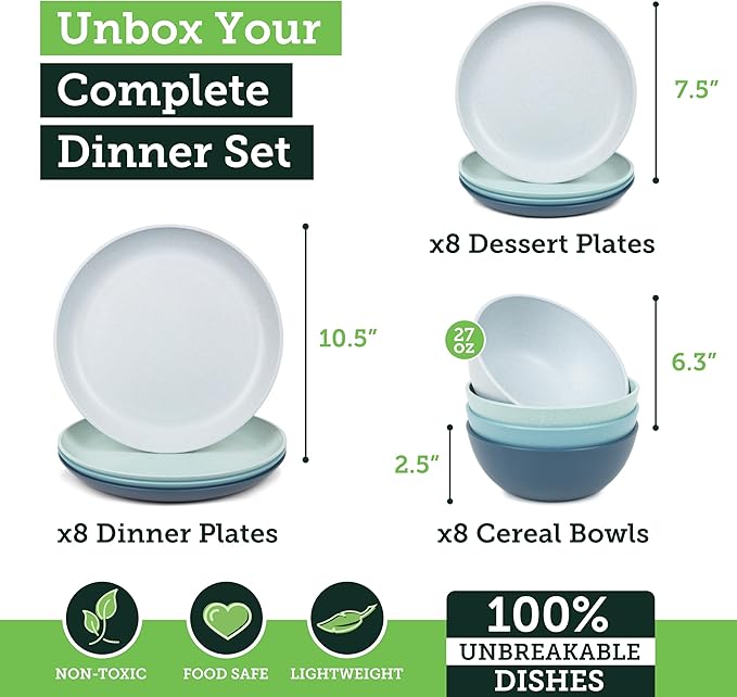 Grow Forward 24-piece Premium Wheat Straw Dinnerware Sets for 8 - Unbreakable Dishwasher & Microwave Safe Plastic Plates and Bowls Sets - Patio, Outdoors, RV, Camping Dishes - Seascape