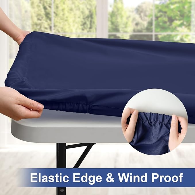homing Rectangle Table Cloth Cover, Waterproof Polyester Elastic Fitted Tablecloth, Fits for 8 Foot Folding Tables, Washable Table Protector for Picnic, Camping, Outdoor (Navy Blue, 30" x 96")